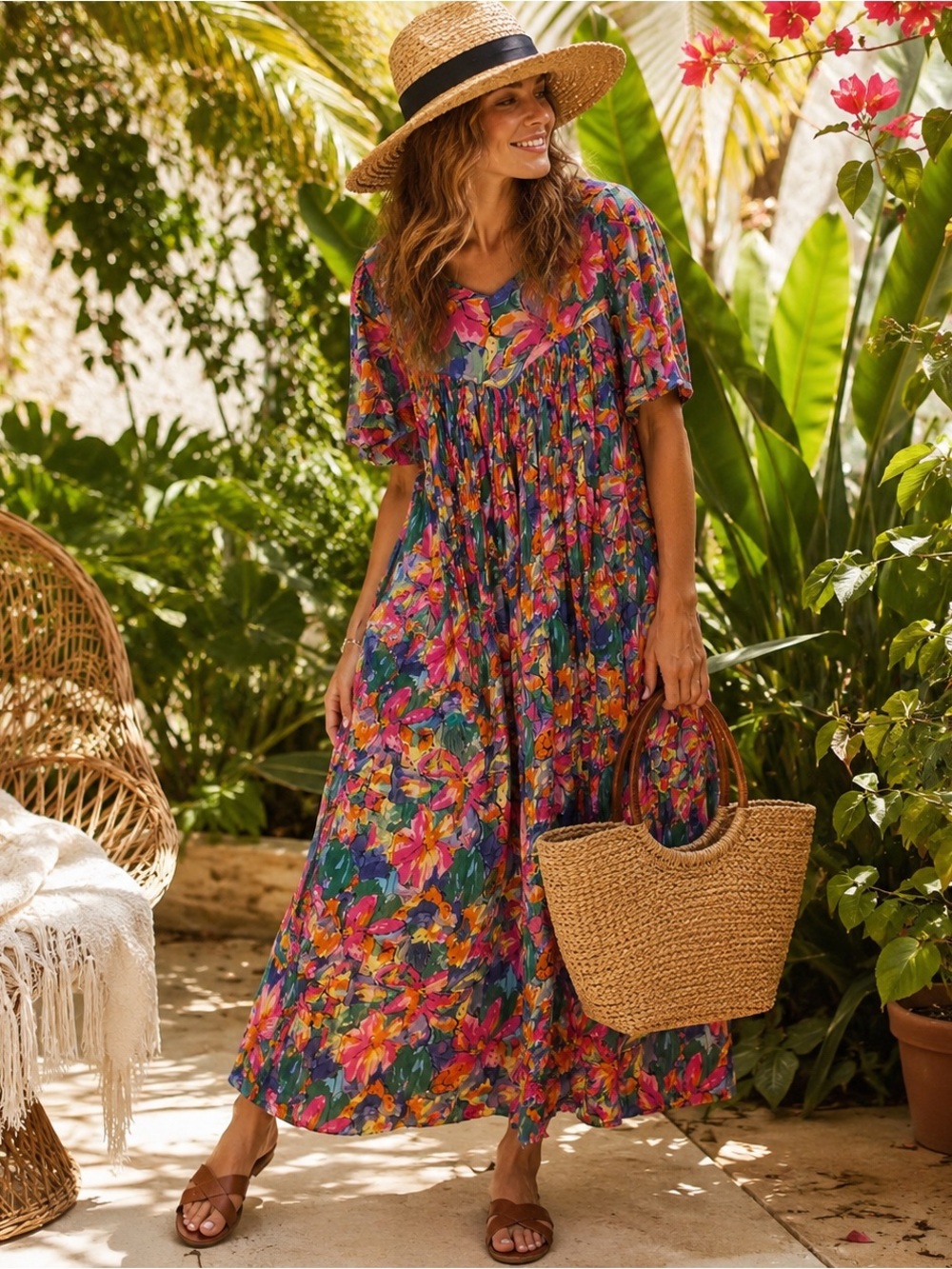 Sita Nepal 100% Cotton Floral Maxi Dress M Boho Cottagecore Tropical Vacation